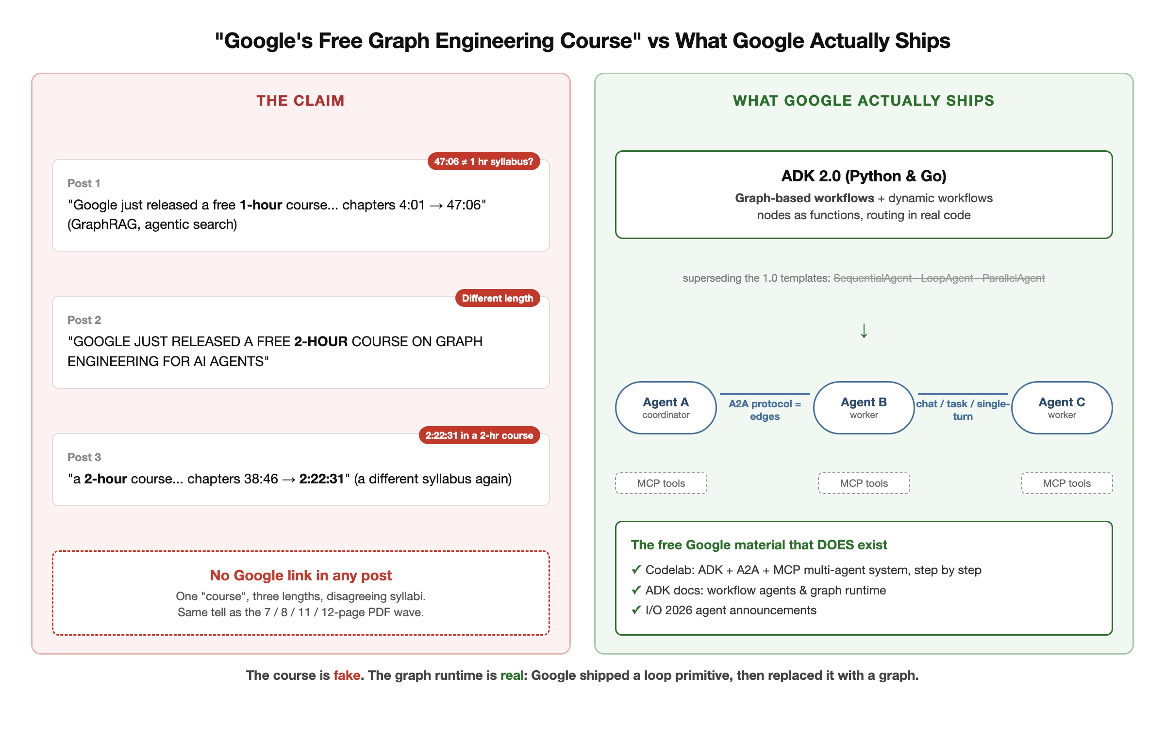 Two panels. Left, labelled THE CLAIM: a stack of X posts all saying "Google just released a free course on graph engineering", annotated with their contradictions. One says 1-hour with chapters ending at 47:06, one says 2-hour, one says 2-hour with a chapter at 2:22:31, and their syllabus lists disagree. An arrow from the stack points to a box with a question mark labelled "no Google link in any post". Right, labelled WHAT GOOGLE ACTUALLY SHIPS: Google's real agent stack drawn as a small graph. ADK 2.0 at the top with graph-based workflows and dynamic workflows superseding the old sequential, loop, and parallel templates. Below it, agents as nodes connected by the A2A protocol as edges, with MCP tools hanging off the agent nodes, and a codelab plus the ADK docs listed as the real free learning material. Footer: the course is fake, the graph runtime is real. Two panels. Left, labelled THE CLAIM: a stack of X posts all saying "Google just released a free course on graph engineering", annotated with their contradictions. One says 1-hour with chapters ending at 47:06, one says 2-hour, one says 2-hour with a chapter at 2:22:31, and their syllabus lists disagree. An arrow from the stack points to a box with a question mark labelled "no Google link in any post". Right, labelled WHAT GOOGLE ACTUALLY SHIPS: Google's real agent stack drawn as a small graph. ADK 2.0 at the top with graph-based workflows and dynamic workflows superseding the old sequential, loop, and parallel templates. Below it, agents as nodes connected by the A2A protocol as edges, with MCP tools hanging off the agent nodes, and a codelab plus the ADK docs listed as the real free learning material. Footer: the course is fake, the graph runtime is real.